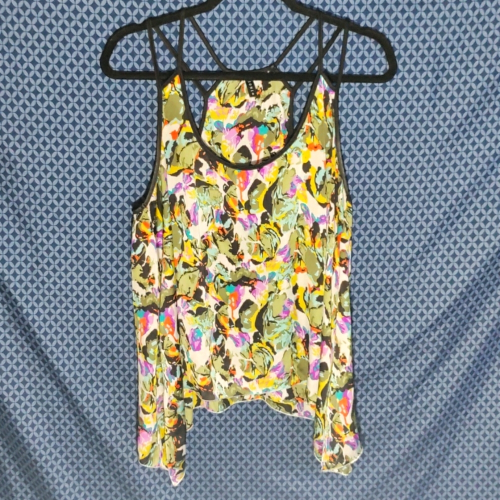 Sioni - Black trim sheer racer tank top with colorful abstract flowers. Size- L